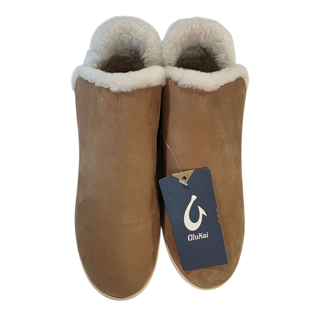 New OluKai Malua Hulu Slipper Boots Tan Sheepskin Fur Lined Women's US 11